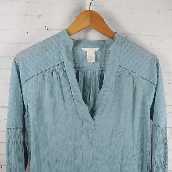 H&M BLUE LONG SLEEVE V NECK SHEER DETAIL TOP SIZE 2 - Picture 4 of 10